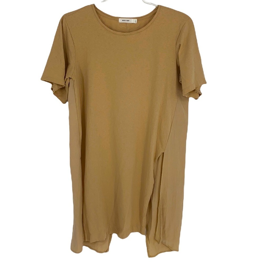 Mod Ref Women's Tan Side Slit Tunic Assymetrical/Open Back size Small